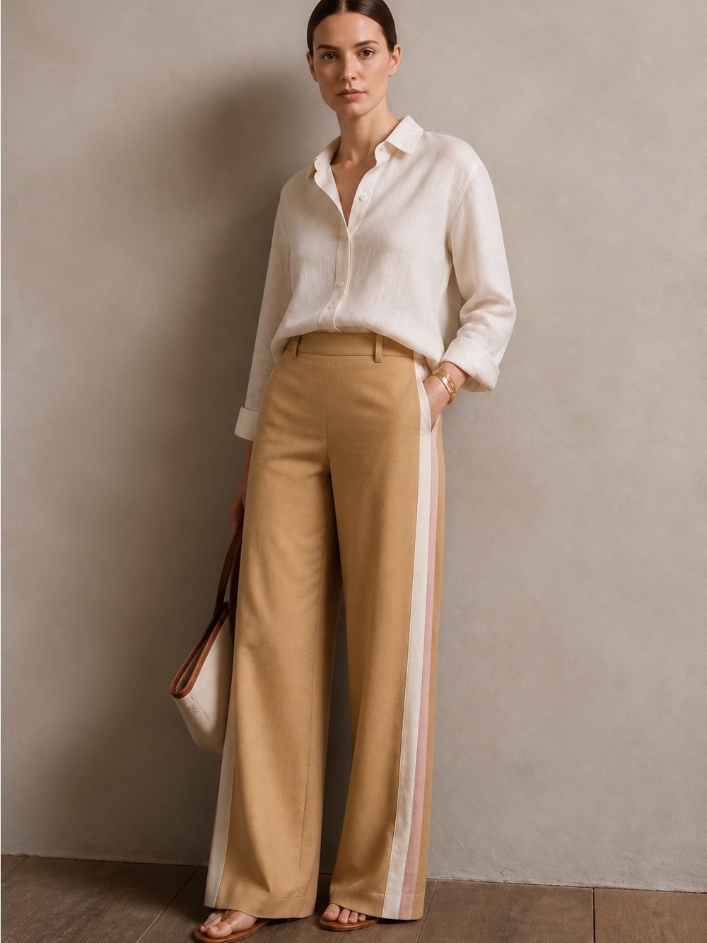 Alexis Lennox NWT Tan Wide-Leg Trousers with Cream & Blush Side Stripes.